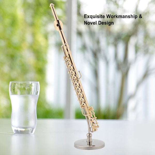 Miniatyrfløytekopi med stativ og etui Gullbelagt instrumentmodell Musikalske ornamenter