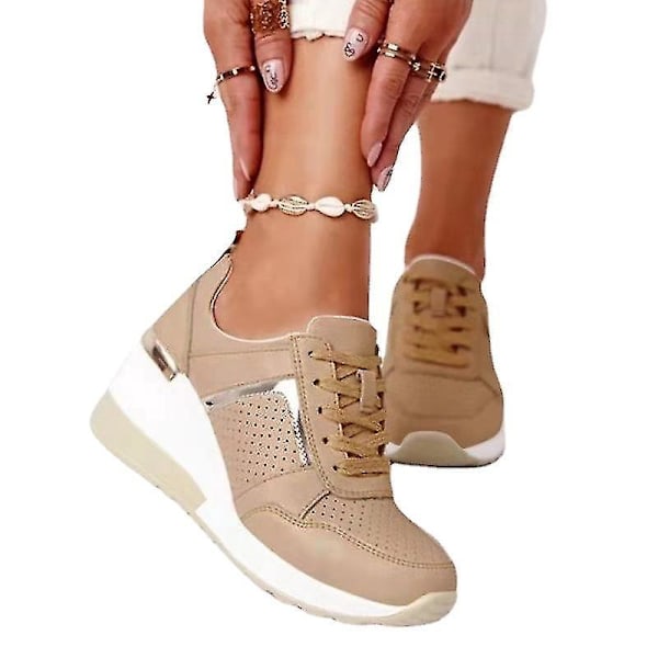 Kvindes Casual Lace-up Wedge Sneakers Vulkaniseret Komfortable Sko - Khaki