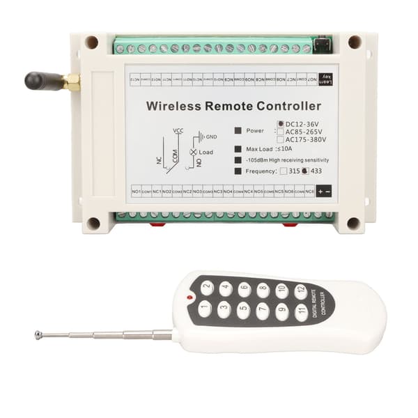 Trådløst fjernkontrollsystem 12-kanals RF 10A relémottaker med 433MHZ sender DC 12V‑36V