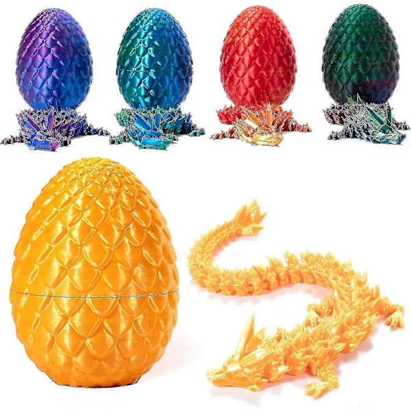 3D-printet drage i egg, fullt artikulert krystalldrage med drageegg, hjemmekontor dekor skrivebordsleker, silkegull