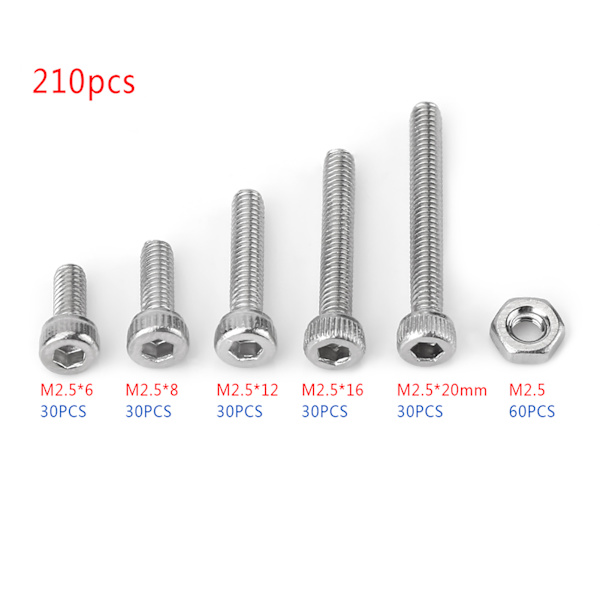 210 stk. M2.5 Rustfrit Stål SS304 Hex Socket Cap Head Skruer og Møtrikker Sortimentsæt