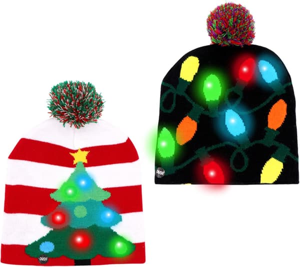 LED Julelue med Lys, Strikkede Luer med 6 Fargerike LED-lys, Unisex Vinterlue Red