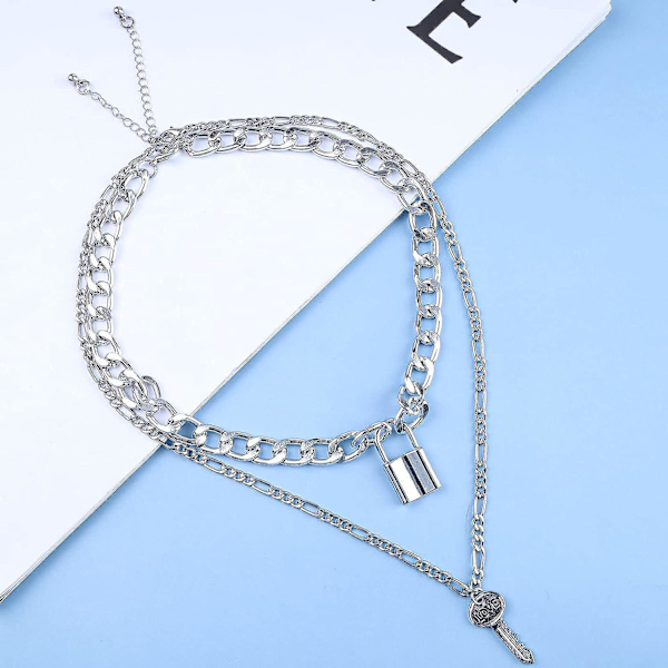 Flerskiktad Kubansk Punk Silver Choker Halsband med Hänglås, Nyckel och Tjocka Länkkedjor för Kvinnor