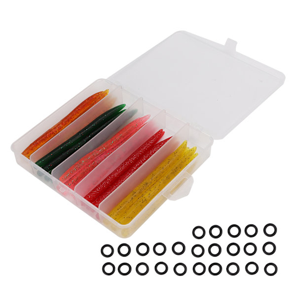 50 stk/boks Noodle Worm Soft Bait fiskeutstyrsett med gummi O-ring kunstig Soft Bait