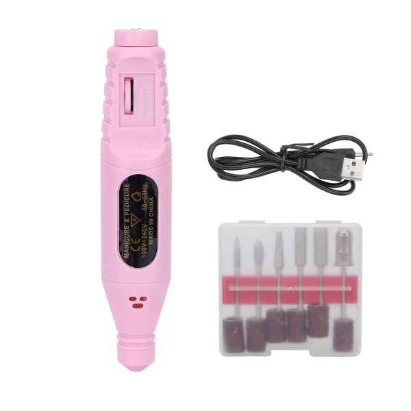 USB Elektrisk Negleboremaskine Bærbar 6 Polerhoveder Manicure Polerværktøjssæt Pink