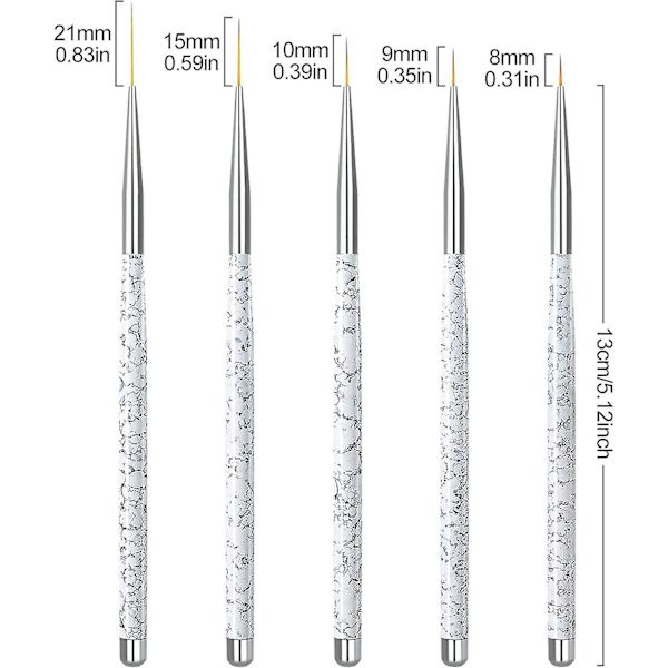 Nagelborste Set - Vit, 5 st, 8/9/10/15/21mm - Gelnagelborste för Nagelkonst Detaljer