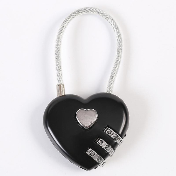 Sort hjerteformet 3-cifret kombinationslås til bagage, kuffert, rygsæk, smykkeskrin