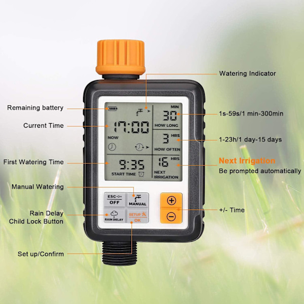 Automatisk vandtimer til haven, udendørs vandtimer, sprinkler timer med stort LCD-display