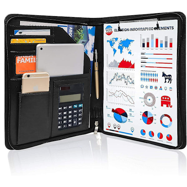 Zipper Portfolio Organizer med A4-klämma - Brun PU-läder