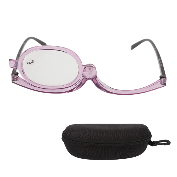 Single Len Makeup-briller Flip Down Gennemsigtigt lilla stel Roterende Forstørrelse Kosmetiske briller +2,00