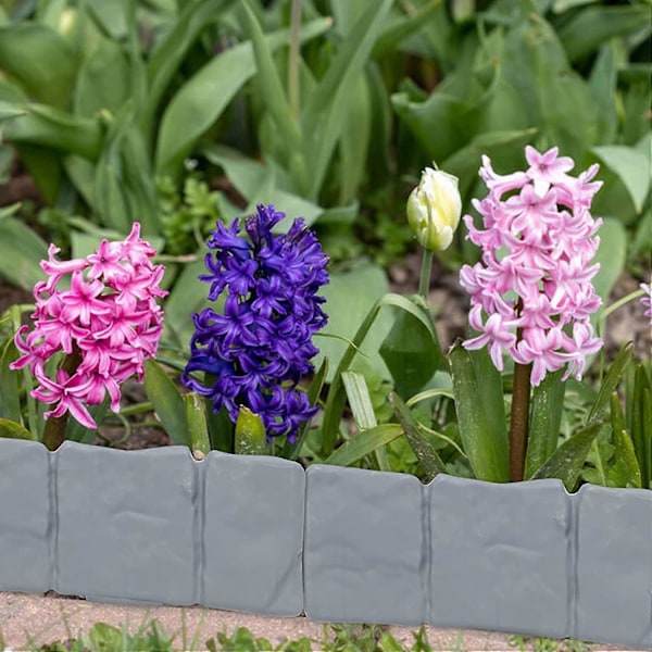 10 stk. Kantafgrænsning til Have og Græsplæne i Stenlook Grå 245cm Blomsterbede Sammenlåsende System Fleksibel Kantafgrænsning Hegn