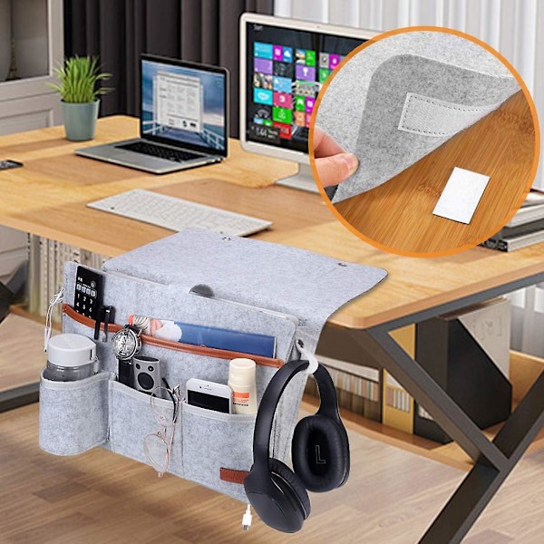 Sängficka i Filt, Sängorganisatör, Hängande Sängficka i Filt för Flaskor, Glasögon, Tidningar, Telefon, Fjärrkontroll, Glasögon, iPad - Ljusgrå