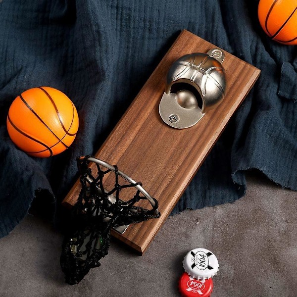 Magnetisk Basketboll Kapsylöppnare, Väggmonterad Träöppnare med Kapsylsamlare, Gåva till Basketboll- och Ölälskare, Används i Kök-Trädgård-Bar