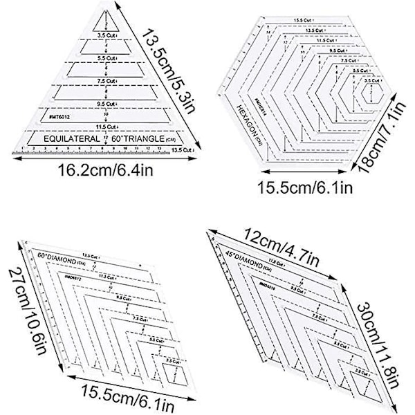 4 Stycken Transparent Sy-linjal, DIY Sy-linjal, Quilting Mallar Linjal, Quilting Linjal, Exakt Skala och Tydlig Text, för DIY Sömnadshantverk