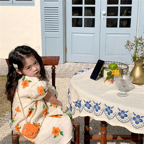 Flickklänning kort lykta ärm besättning hals floral tryckt Jacquard sommarklänning för barn 3 till 8 år gammal blomma S 37.4‑41.34in