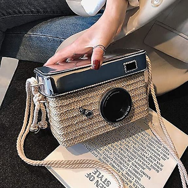 Kameraveske i strå, crossbody-veske, mini skulderveske for kvinner