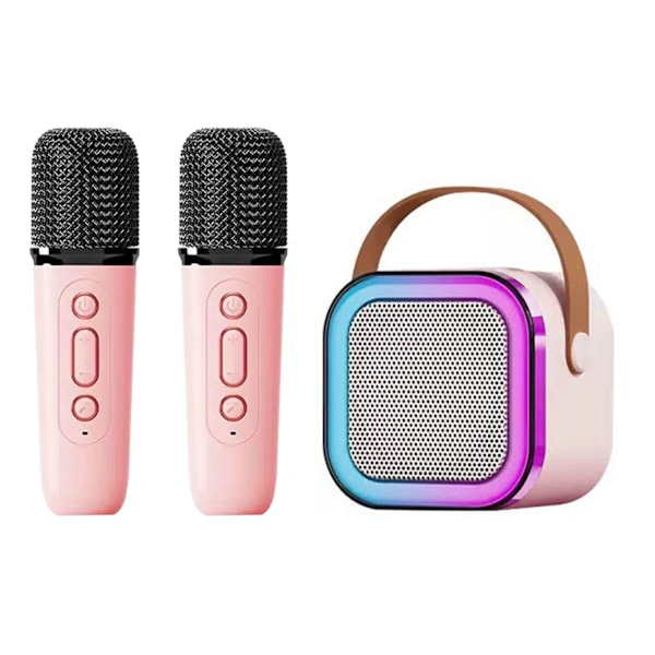 Mini Karaoke-maskin Karaoke-högtalare med trådlös mikrofon ljuseffekter Bärbart karaokesystem med batteri för hemmafest Rosa med 2 mikrofoner