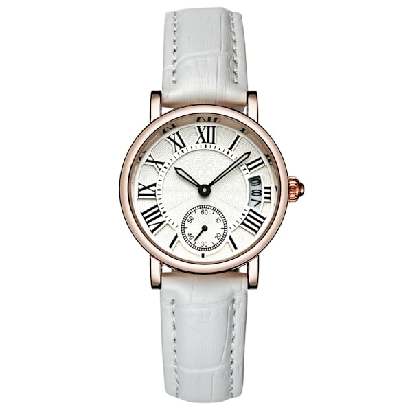 Sanda Dame Analog Rund Kvarts Lærrem Dato Klokke Klassisk Armbåndsur (Hvit stropp) White Strap