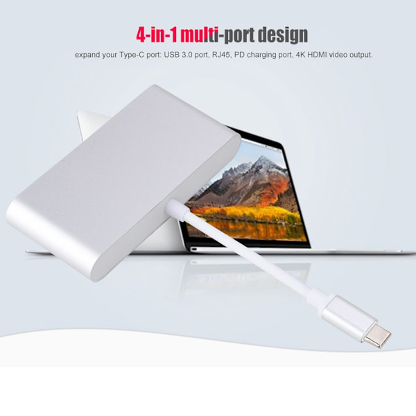 4-i-1 Multifunktion TypE C till USB3.0+RJ45+HDMI+PD Konverter 4K Video Adapter Hub
