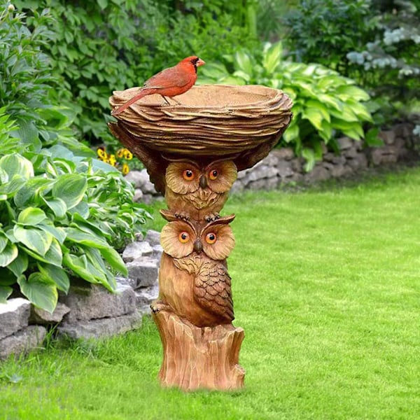 Hindbær Fuglefoderbræt, Fuglebad, Ugle Stil Udendørs Fuglevander, Håndlavet Resin Håndværk, 14*14*22cm