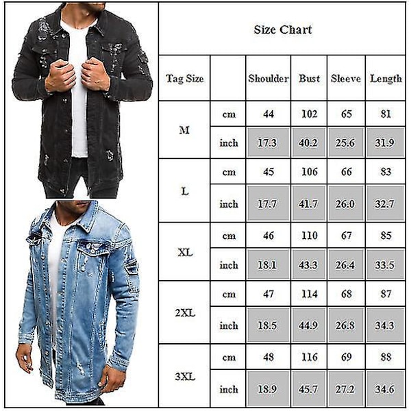 Langærmet slidt denimjakke til mænd med lommer XL sort