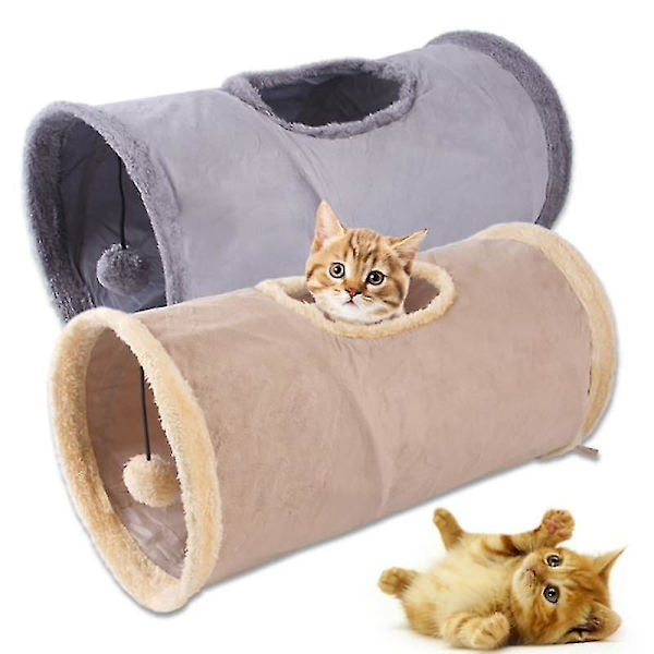 2-pack slitstark mocka, hopfällbar katttunnel med Crinkle Hideaway och bollleksak i kaki och grått