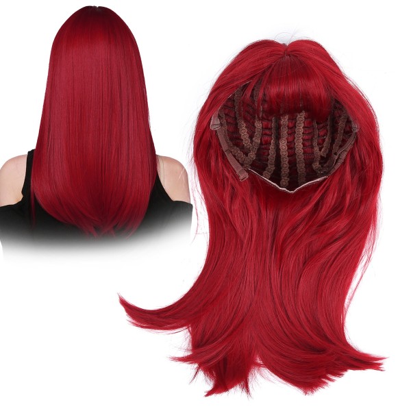 Röd lång rak peruk högtemperaturfiber falskt hår med rak bang för kvinnor 47cm