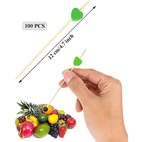 100 kappaletta bambuisia sydämen muotoisia cocktail-tikkuja - 12 cm kertakäyttöiset puiset hammastikut ruoan koristeluun, cocktail-laseihin, karnevaaliin, syntymäpäivään