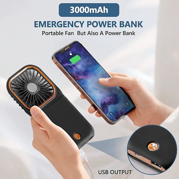 Bärbar USB-uppladdningsbar Halsfläkt, Handsfree Mini Handhållen Personlig Vikbar Fläkt med 3000mAh Powerbank, för Hem, Kontor och Utomhusresor
