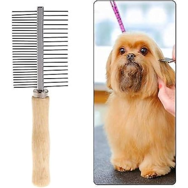 Dobbelt Række Kæledyrskam Træhåndtag Multipurpose Kæledyrsplejekam til Hunde Katte Kæledyr Praktisk at Bruge