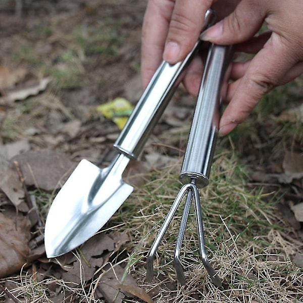 2 stk Hageverktøy Sett Mini Spade og Rake Rustfritt Stål Sparkel Hagetilbehør for Blomst Sukkulent Plante