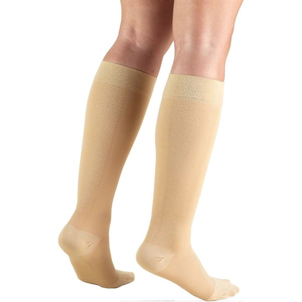 30-40 mmHg Kompressionsstrømper til Mænd og Kvinder, Knæhøje, Lukket Tå, Beige, Small