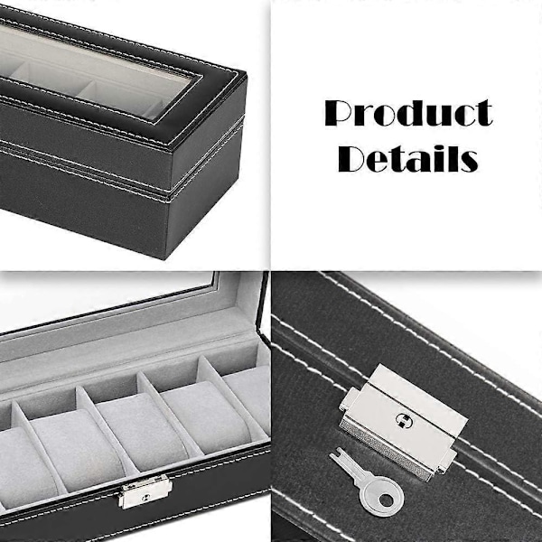 Klocklåda i Läder Visningsfodral Organizer Glas Smyckesförvaring Svart