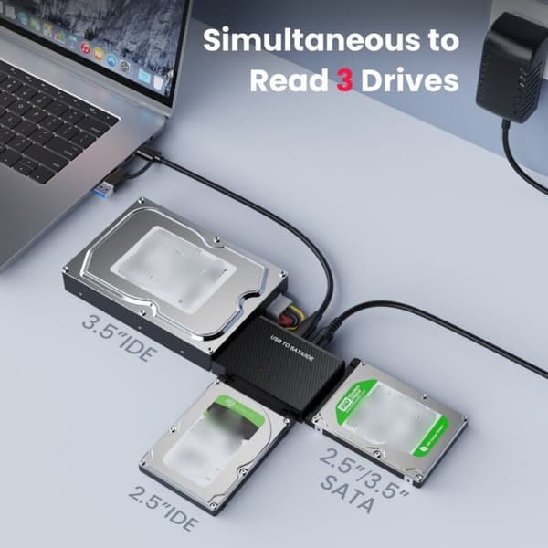 USB 3.0 til SATA/IDE-konverter – Ekstern adapter for 2,5\" og 3,5\" harddisker med USB C-kabel.