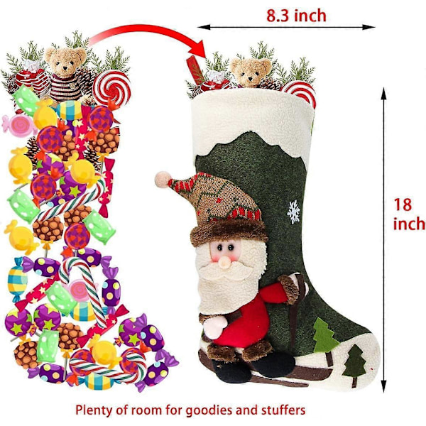 3-delars set julstrumpor 45,7 cm (ungefär), med 3D jultomte, snögubbe