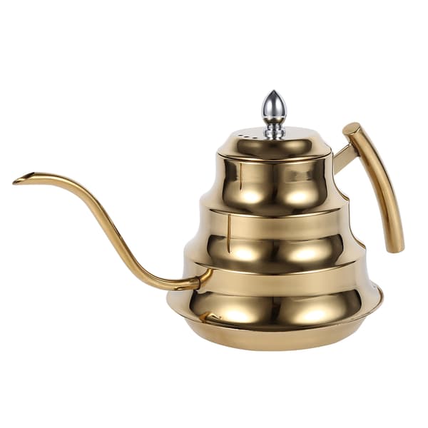 Kaffekanne i rustfritt stål med bambusledd-design, svanehals, for dryppkaffe og infusjon (gull)