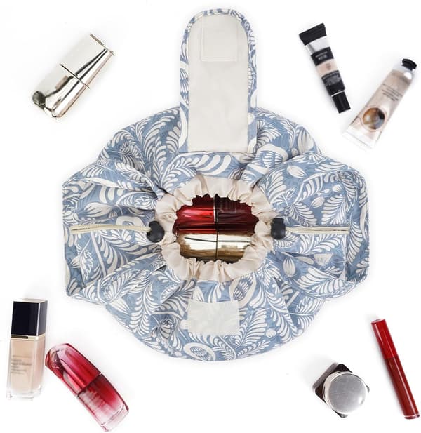 Cylindrisk makeuptaske med snøre, stor kosmetiktaske, makeuptasker, toilettaske til kvinder (Blå blade) (Patent)