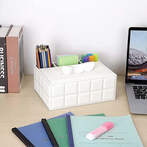 Rektangulär servettbox i PU-läder - Multifunktionell servetthållare med låda för kontorsmaterial och fjärrkontroller, innehåller inga andra föremål, dekorativ servettpenna
