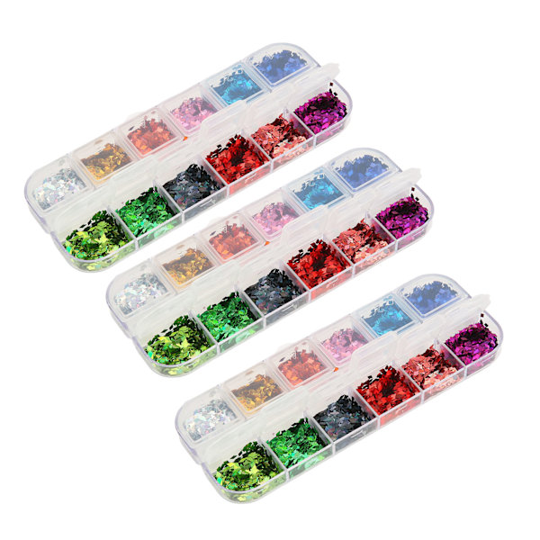 3 lådor nagelpaljetter färgglada 12 fack laser kvadrat nagelkonst glitter paljetter för nageldekorationer