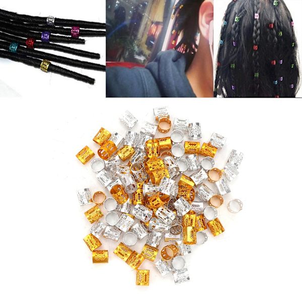 100 stk Justerbare Dreadlocks Hårfletning Perler Manchetter Hårdekoration Paryk Tilbehør Guld+Sølv