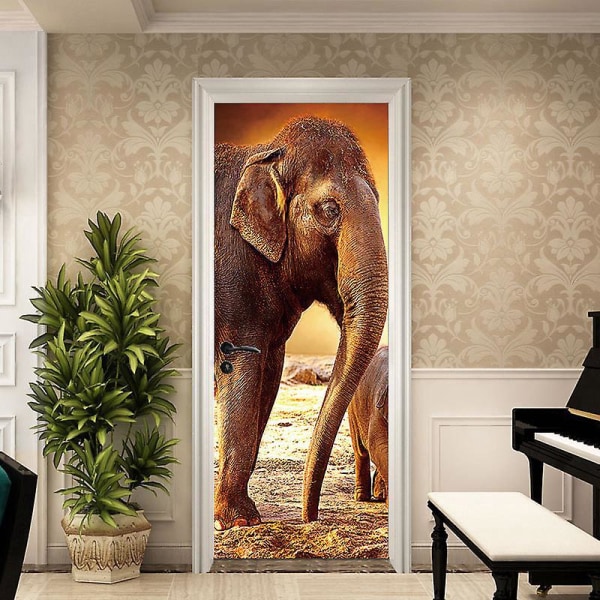 3D Elephant Walk Outdoor Door Sticker Väggmålning - Vinkällare Tema - Vattentät PVC tapet för sovrum, badrum, kök - 77x200cm