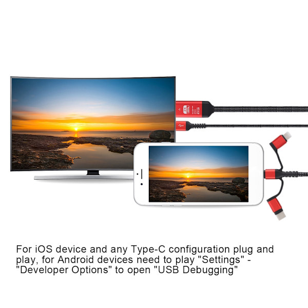 3 in 1 Micro USB/ iOS TypE C - HDMI HD 4K Video HDTV -muuntimen sovitinkaapeli