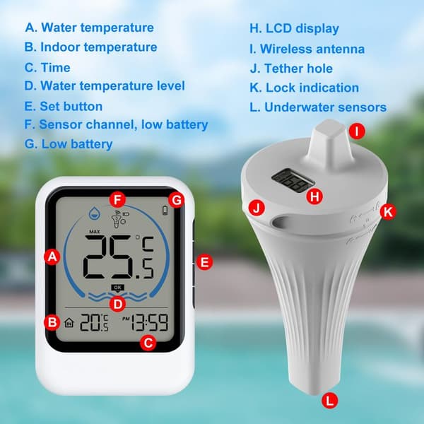 Flydende digitalt pooltermometer med LCD-display, trådløst flydende termometer, IP67, vandtermometer til swimmingpools, jacuzzier, spabade