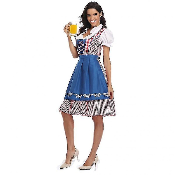 Perinteinen saksalainen Oktoberfest Dirndl -mekko naisille - Korkealaatuinen sininen ruudullinen puku Halloween-cosplay-juhliin