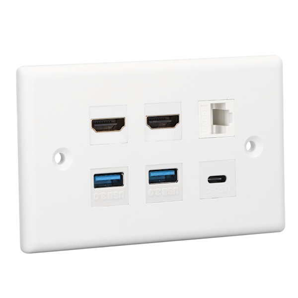6-porttinen seinälevy 2xHD-multimedialiitäntä 2xUSB3.0 1xType C 1xCat6 Ethernet-seinälevy TV-projektoritietokoneelle