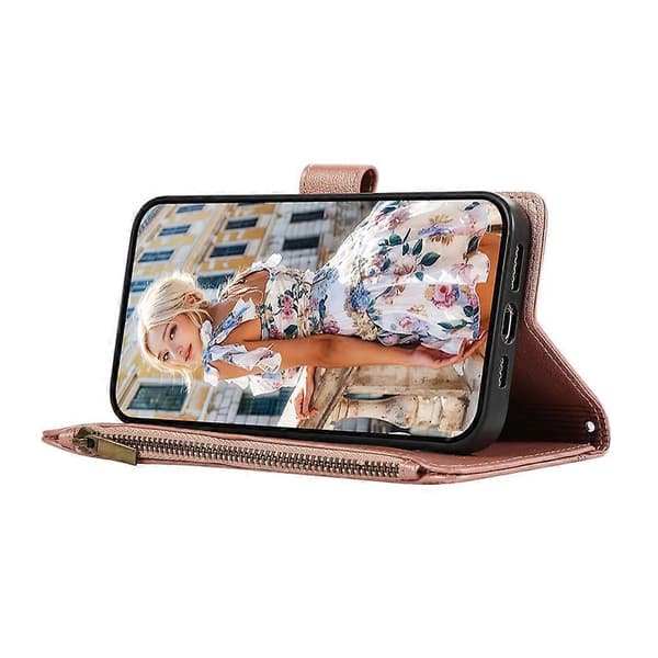 Compatible Case for Samsung Galaxy A56 5G, Multi-Slot, Zipper, Leather Case with Wrist Strap PinkGold