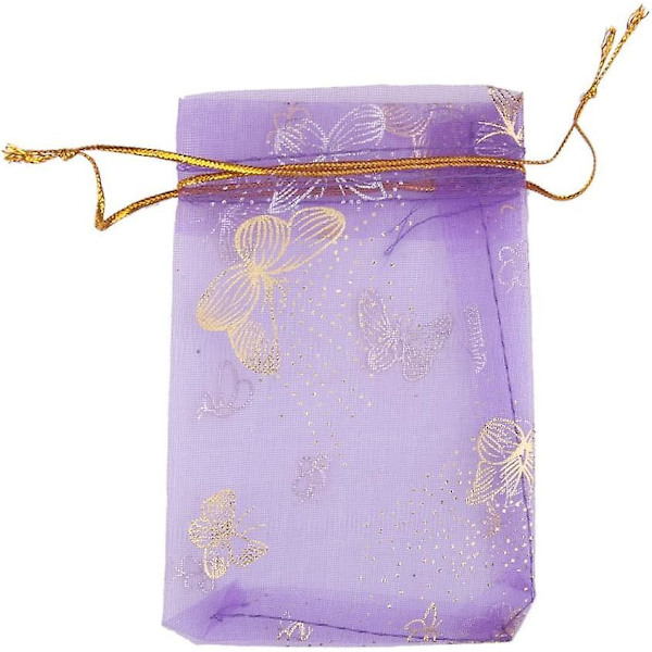 Organza Bryllupsgave Gaveposer - 100 stk, Lilla Sommerfugleprint (9x12cm)