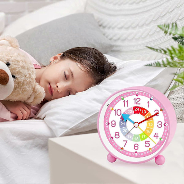 Rosa barnväckarklocka, liten lätt reseväckarklocka i kvarts, tyst icke-repeterande analog väckarklocka med snooze och ljus, stigande ljud