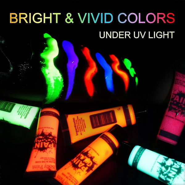 6 putken setti pimeässä hohtavaa kasvo- ja vartalomaalia UV-mustavalo neon fluoresoiva 10ml