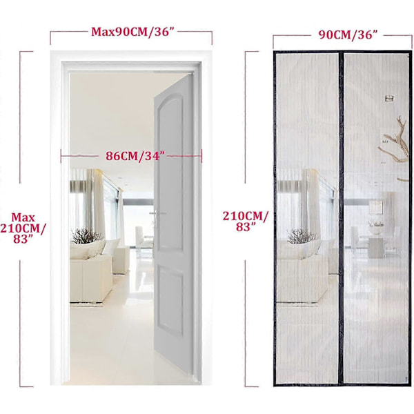 Magnetisk myggenet til dør, netgardin, magnetisk forsegling fra top til bund med selvlukning, holder frisk luft inde (90x210cm, sort)